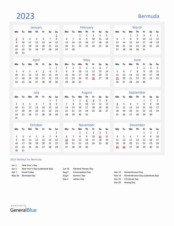 Basic Yearly Calendar with Holidays in Bermuda for 2023 