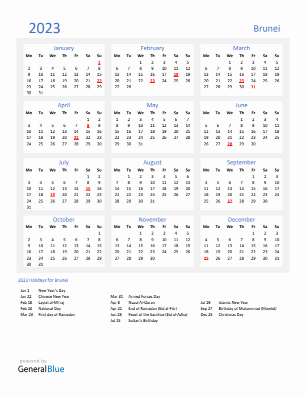 Basic Yearly Calendar with Holidays in Brunei for 2023 