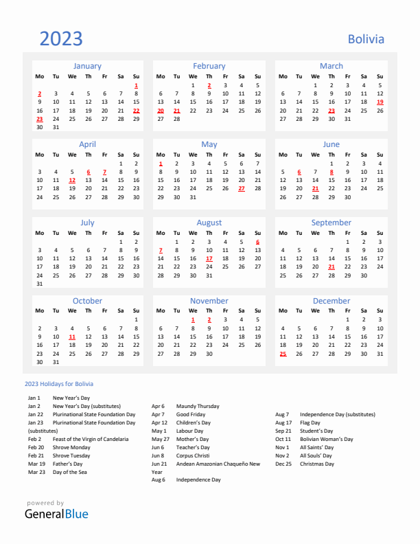 Basic Yearly Calendar with Holidays in Bolivia for 2023 