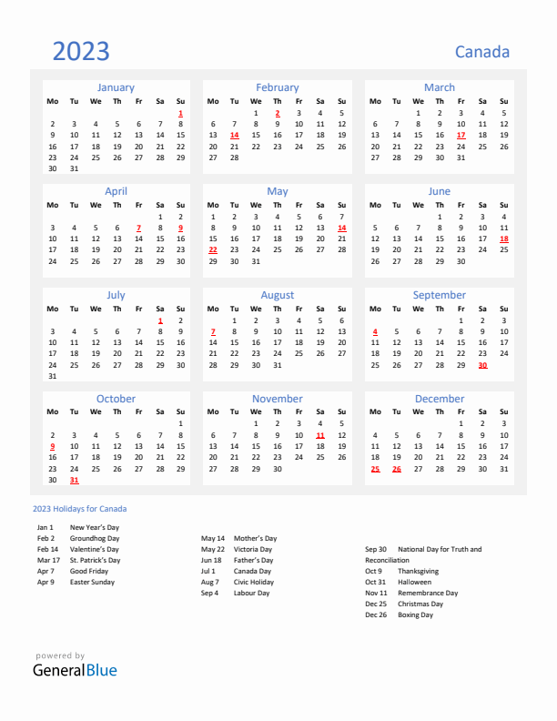 Basic Yearly Calendar with Holidays in Canada for 2023 