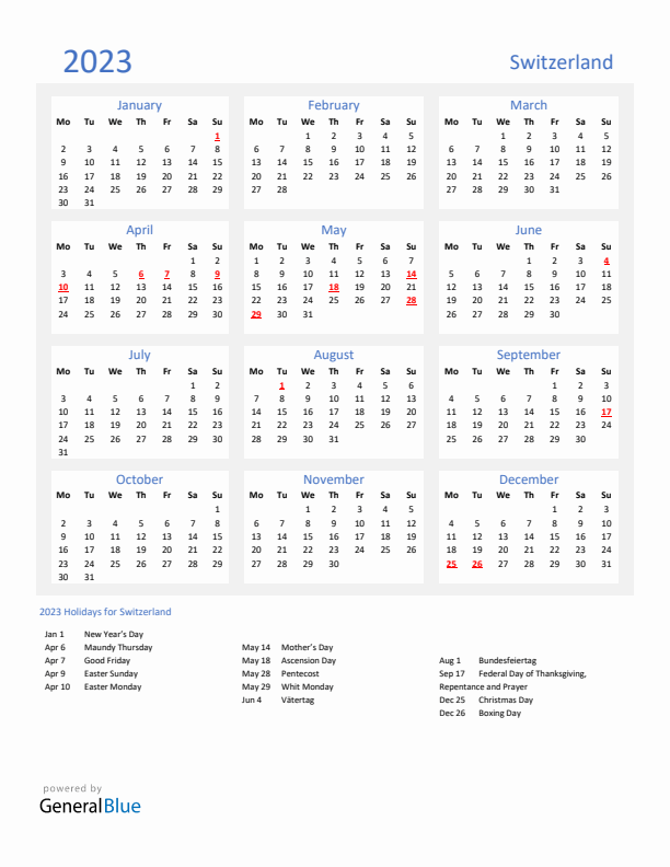 Basic Yearly Calendar with Holidays in Switzerland for 2023 