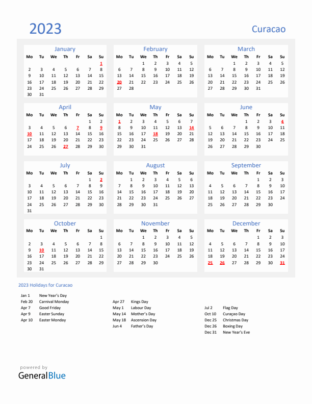 Basic Yearly Calendar with Holidays in Curacao for 2023 