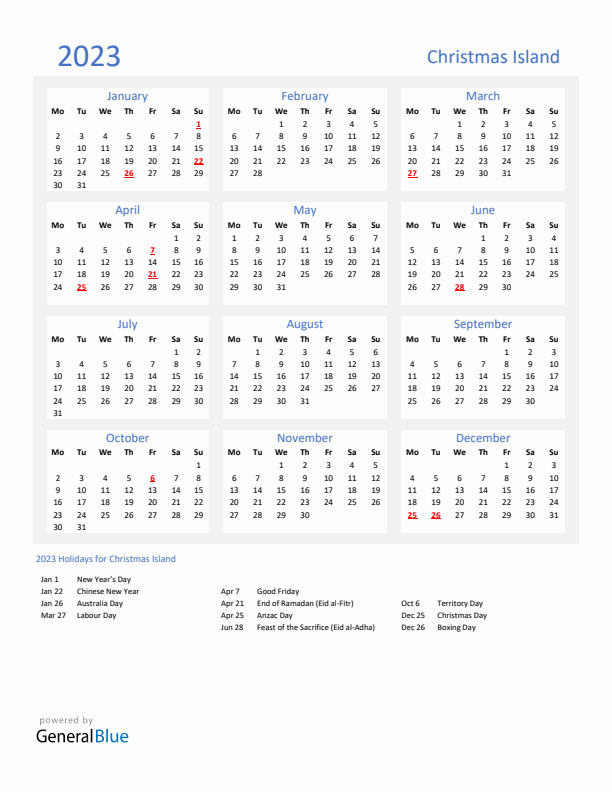 Basic Yearly Calendar with Holidays in Christmas Island for 2023 