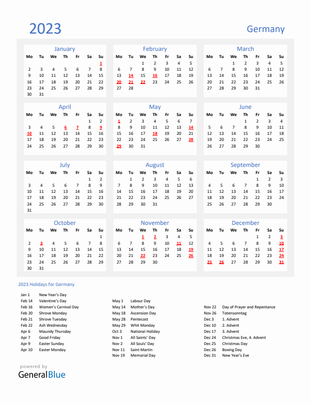 Basic Yearly Calendar with Holidays in Germany for 2023 