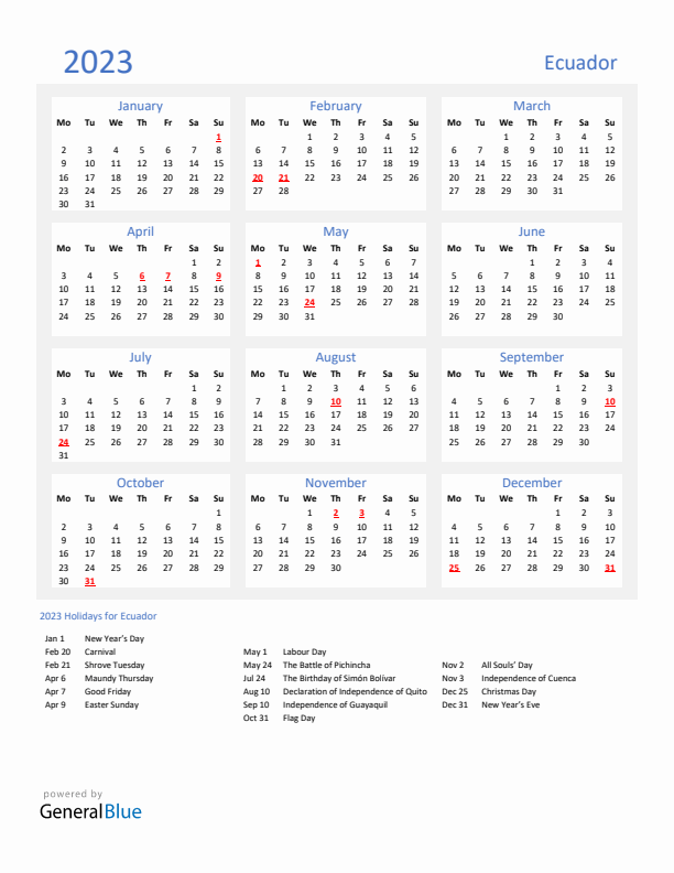 Basic Yearly Calendar with Holidays in Ecuador for 2023 