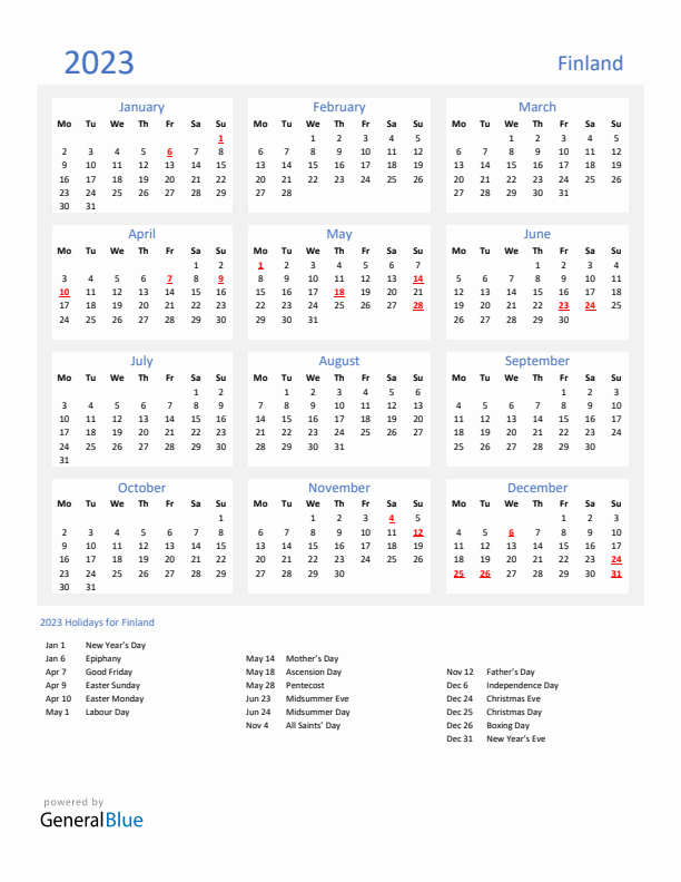 Basic Yearly Calendar with Holidays in Finland for 2023 