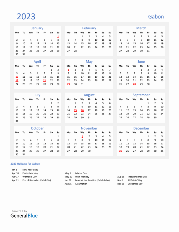 Basic Yearly Calendar with Holidays in Gabon for 2023 