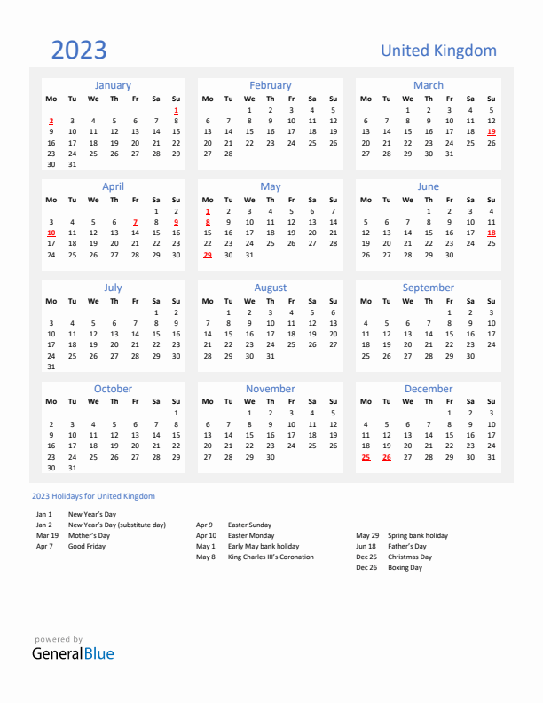 Basic Yearly Calendar with Holidays in United Kingdom for 2023 