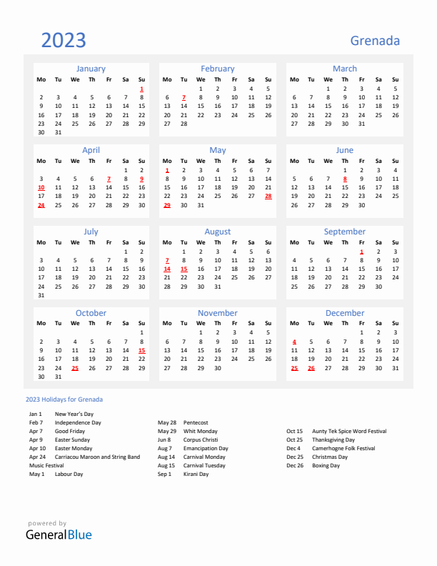 Basic Yearly Calendar with Holidays in Grenada for 2023 