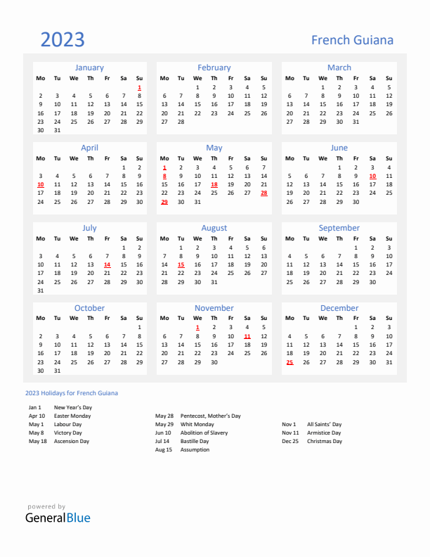 Basic Yearly Calendar with Holidays in French Guiana for 2023 