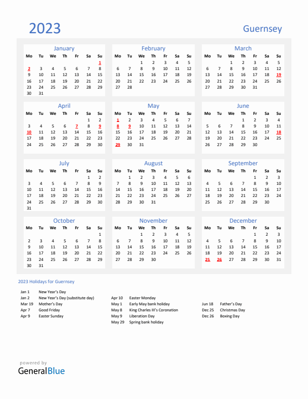 Basic Yearly Calendar with Holidays in Guernsey for 2023 