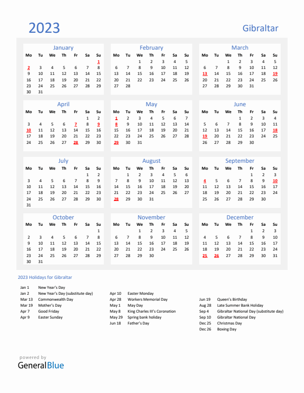 Basic Yearly Calendar with Holidays in Gibraltar for 2023 