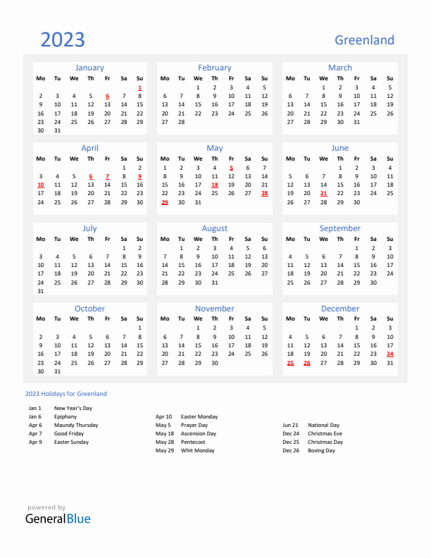 Basic Yearly Calendar with Holidays in Greenland for 2023 