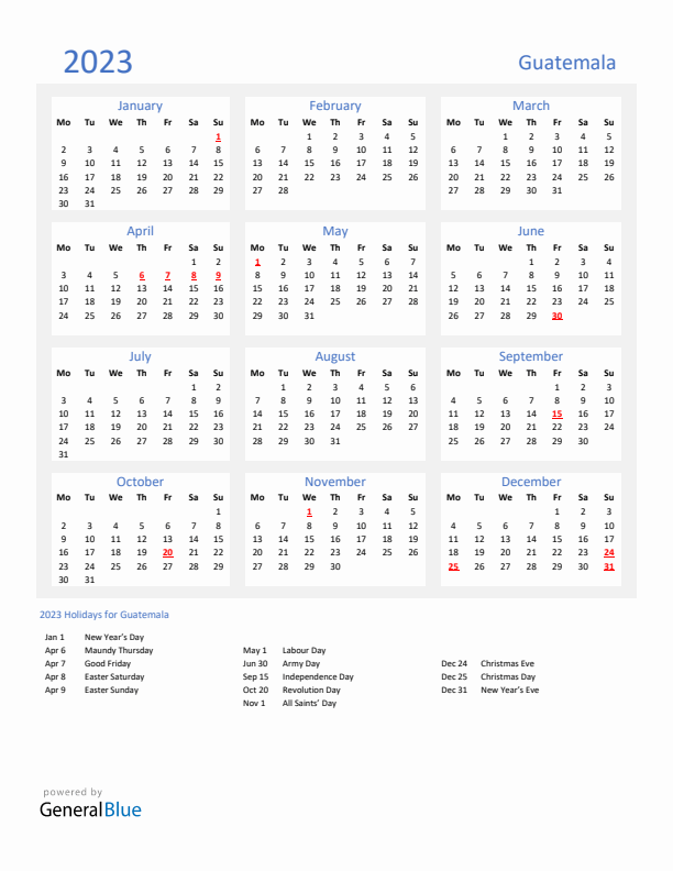 Basic Yearly Calendar with Holidays in Guatemala for 2023 