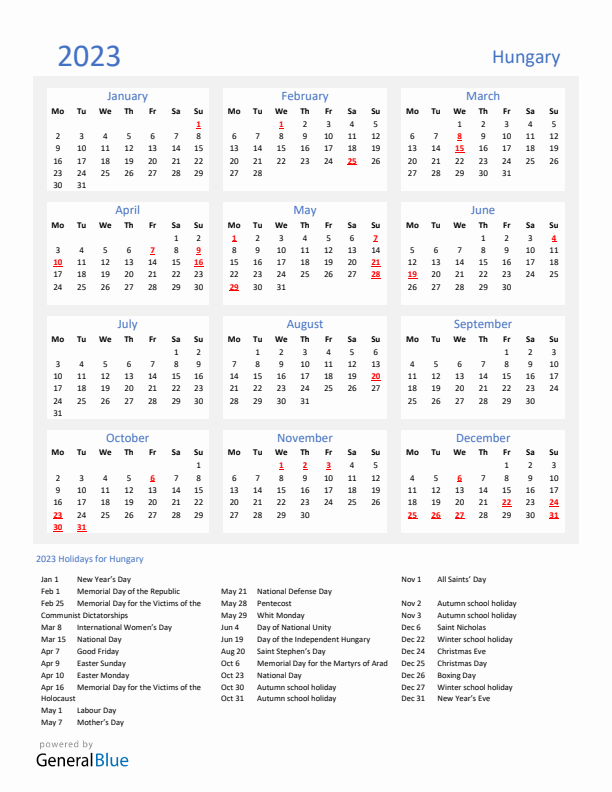 Basic Yearly Calendar with Holidays in Hungary for 2023 