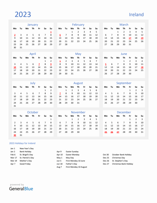 Basic Yearly Calendar with Holidays in Ireland for 2023 