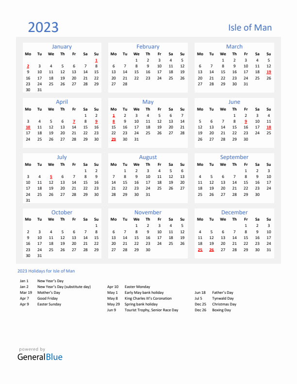 Basic Yearly Calendar with Holidays in Isle of Man for 2023 