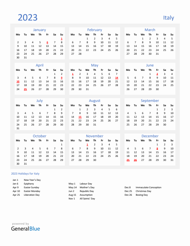 Basic Yearly Calendar with Holidays in Italy for 2023 