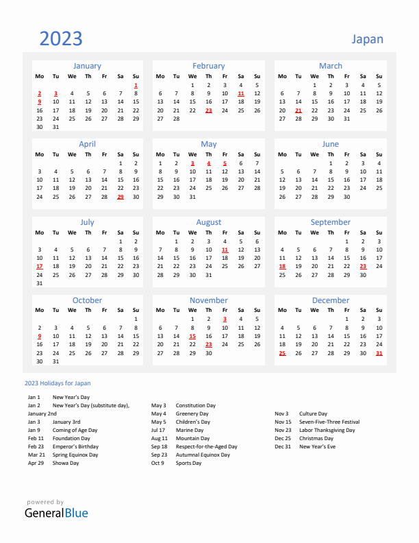 Basic Yearly Calendar with Holidays in Japan for 2023 