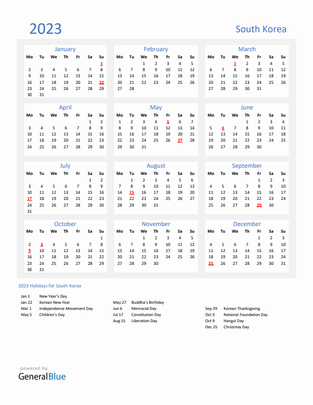 Basic Yearly Calendar with Holidays in South Korea for 2023 