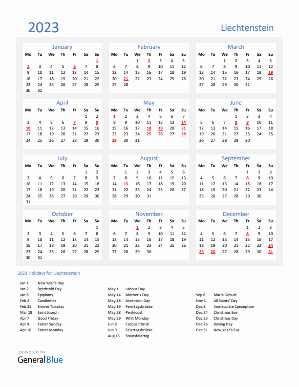 Basic Yearly Calendar with Holidays in Liechtenstein for 2023 