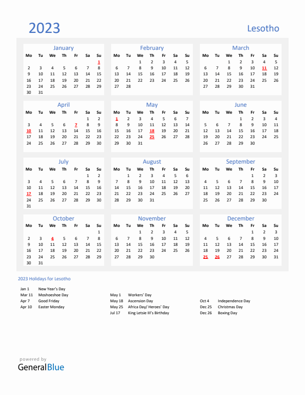 Basic Yearly Calendar with Holidays in Lesotho for 2023 