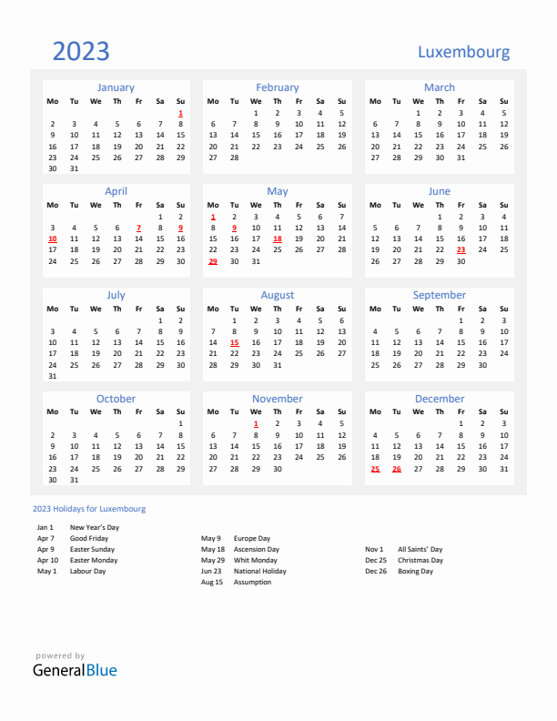 Basic Yearly Calendar with Holidays in Luxembourg for 2023 