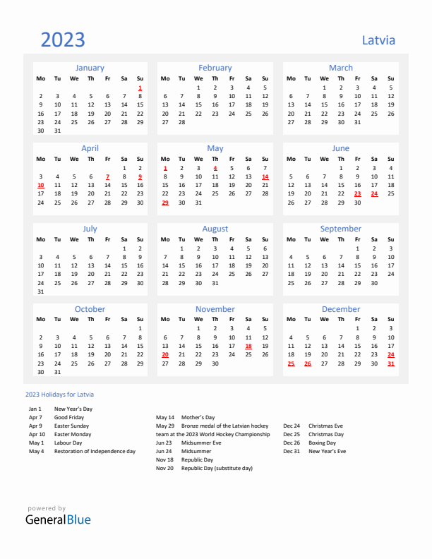 Basic Yearly Calendar with Holidays in Latvia for 2023 