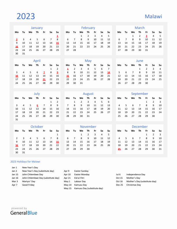 Basic Yearly Calendar with Holidays in Malawi for 2023 