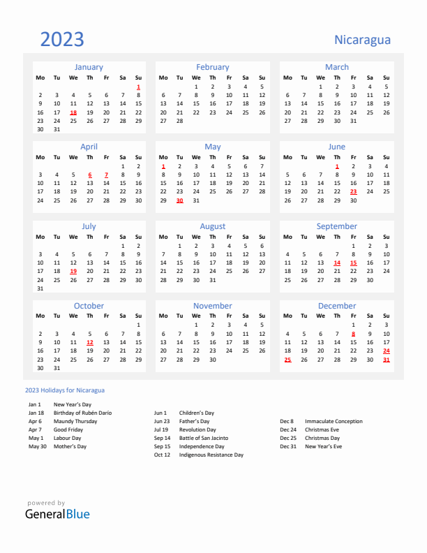 Basic Yearly Calendar with Holidays in Nicaragua for 2023 