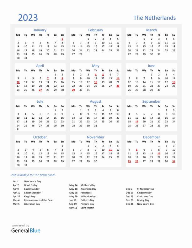 Basic Yearly Calendar with Holidays in The Netherlands for 2023 