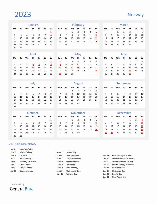 Basic Yearly Calendar with Holidays in Norway for 2023 