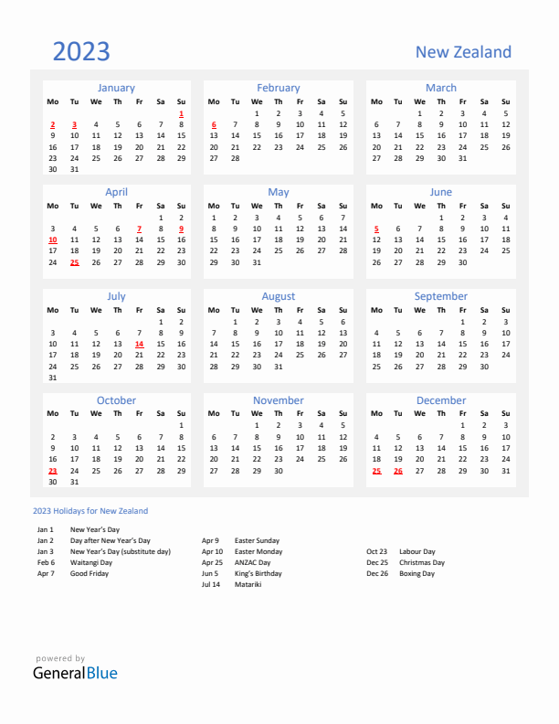 Basic Yearly Calendar with Holidays in New Zealand for 2023 