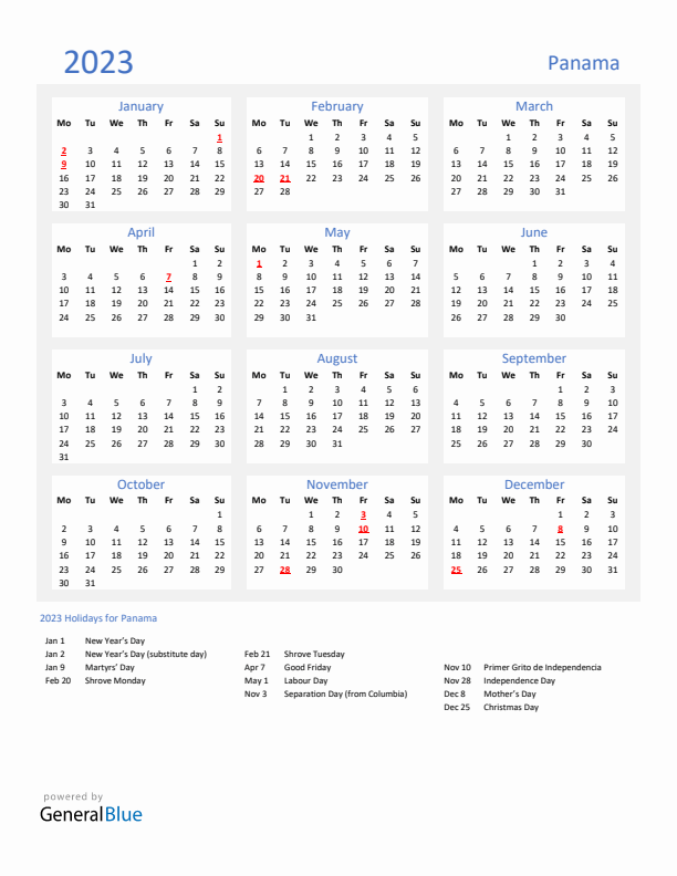 Basic Yearly Calendar with Holidays in Panama for 2023 