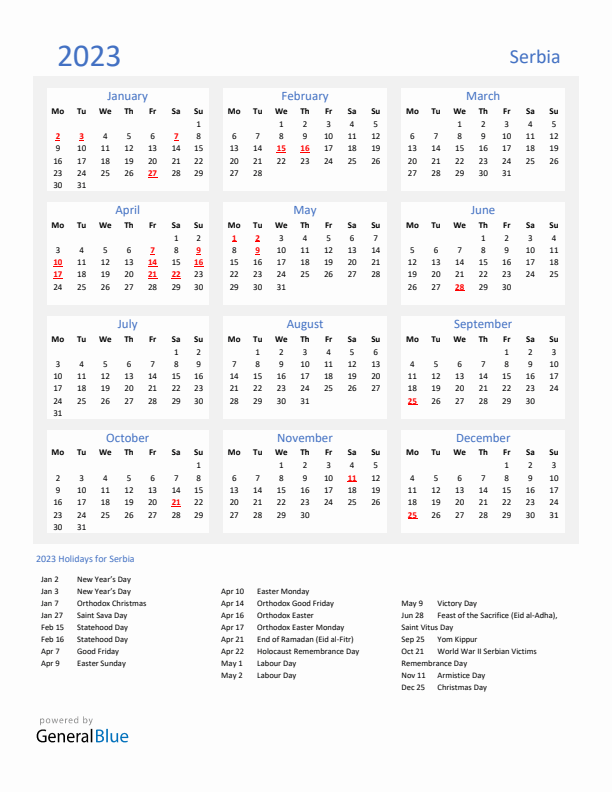 Basic Yearly Calendar with Holidays in Serbia for 2023 