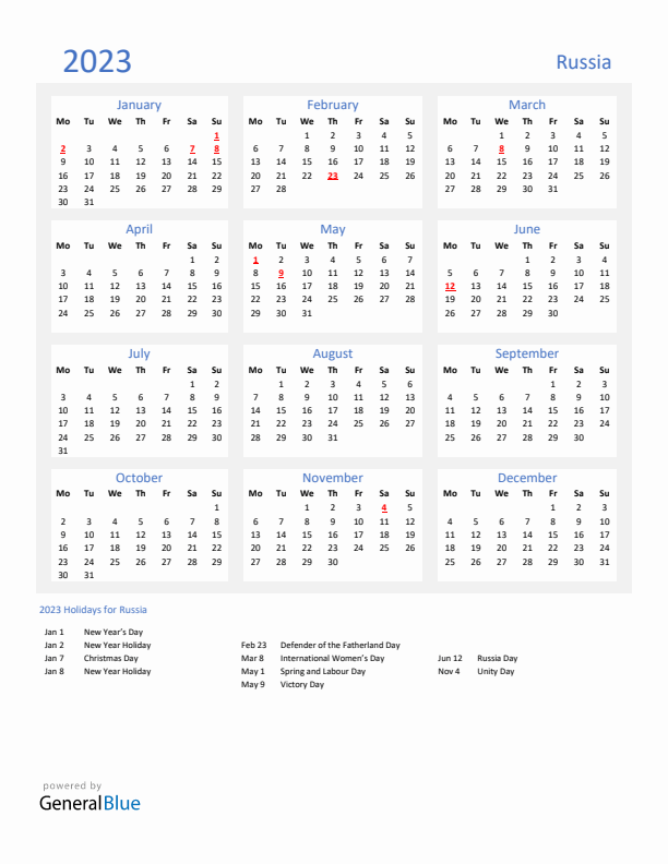 Basic Yearly Calendar with Holidays in Russia for 2023 