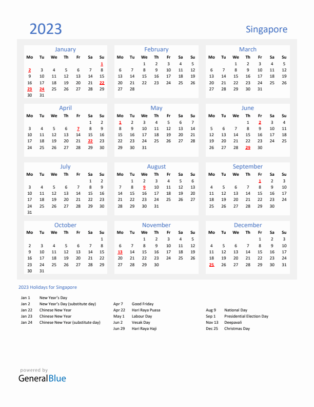 Basic Yearly Calendar with Holidays in Singapore for 2023 