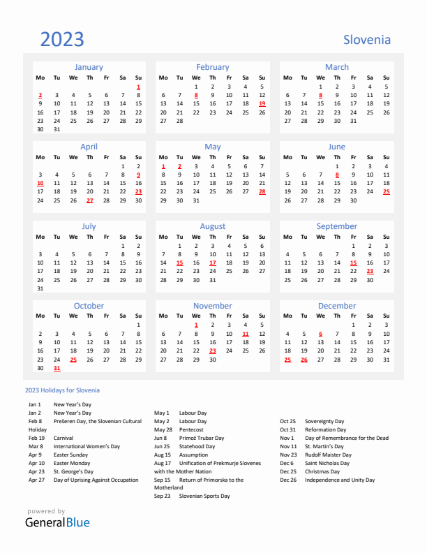 Basic Yearly Calendar with Holidays in Slovenia for 2023 