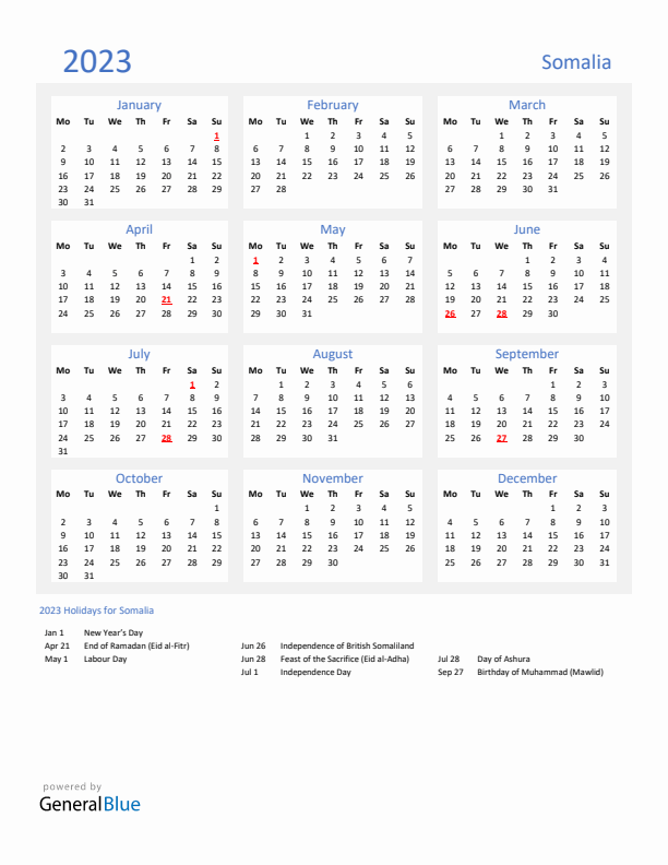 Basic Yearly Calendar with Holidays in Somalia for 2023 