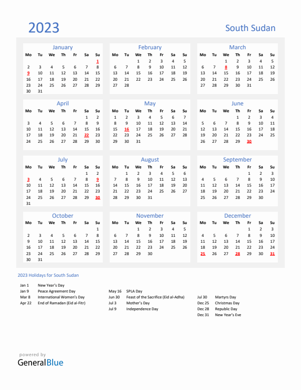 Basic Yearly Calendar with Holidays in South Sudan for 2023 