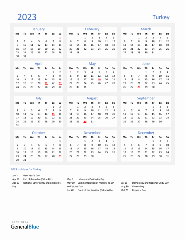 Basic Yearly Calendar with Holidays in Turkey for 2023 