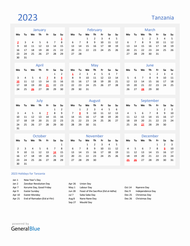 Basic Yearly Calendar with Holidays in Tanzania for 2023 