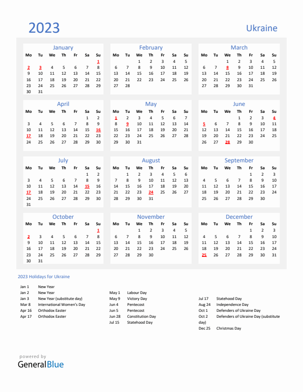 Basic Yearly Calendar with Holidays in Ukraine for 2023 