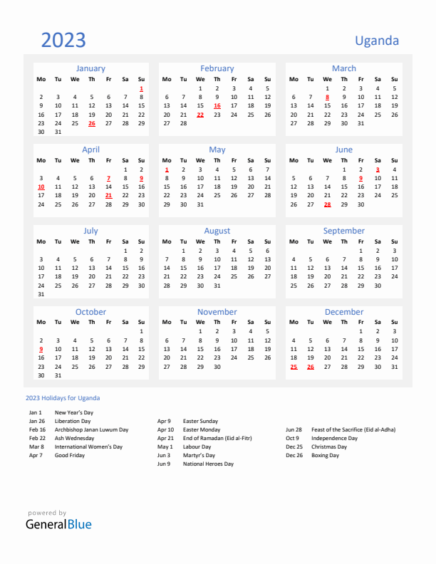 Basic Yearly Calendar with Holidays in Uganda for 2023 