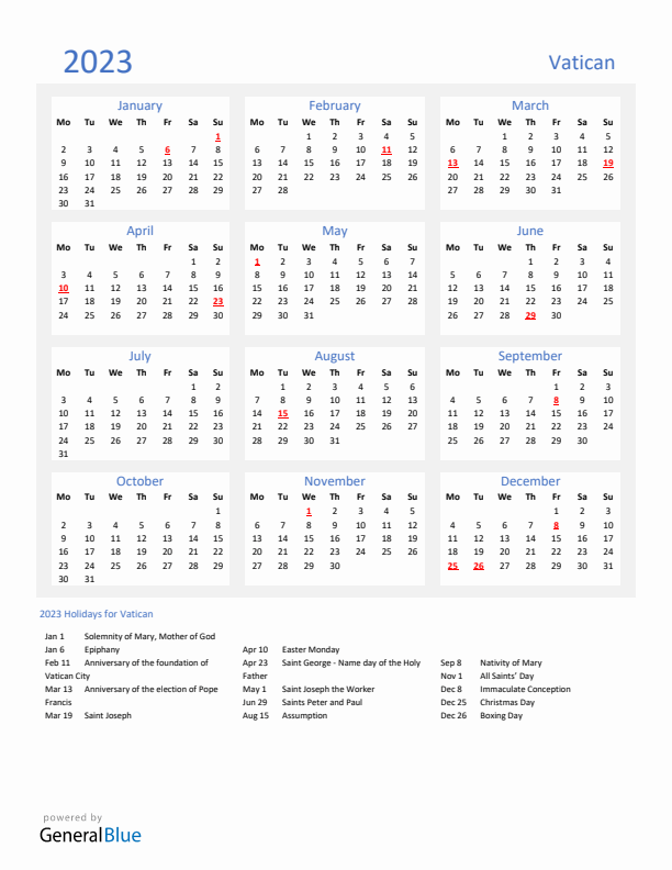 Basic Yearly Calendar with Holidays in Vatican for 2023 