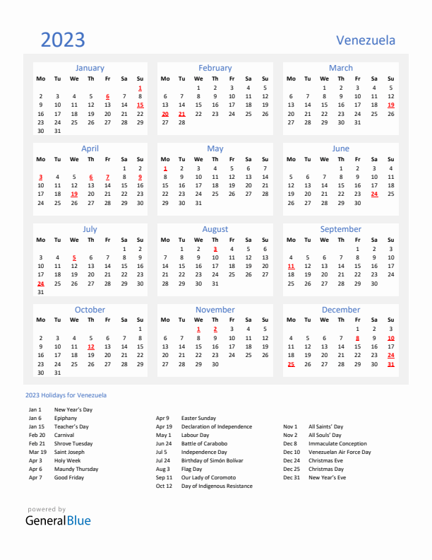 Basic Yearly Calendar with Holidays in Venezuela for 2023 