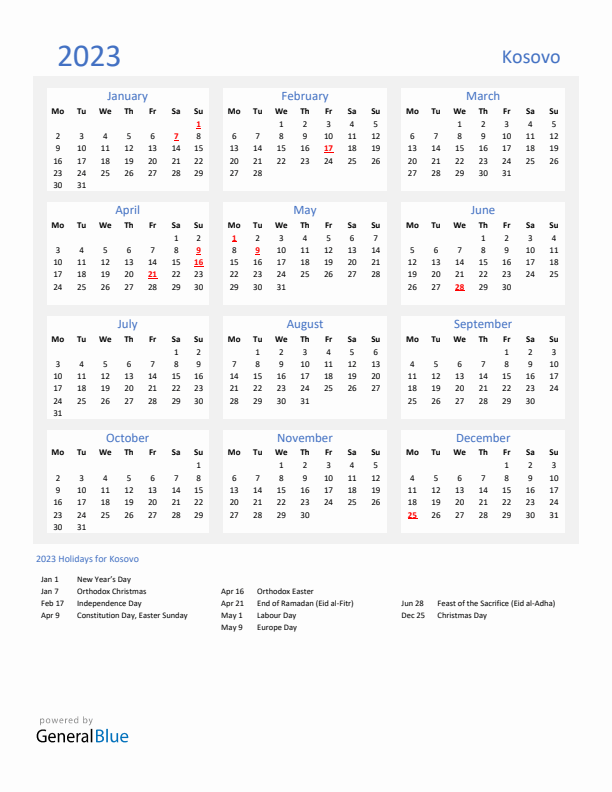 Basic Yearly Calendar with Holidays in Kosovo for 2023 