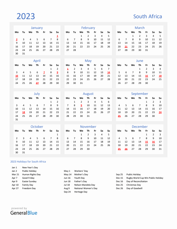 Basic Yearly Calendar with Holidays in South Africa for 2023 