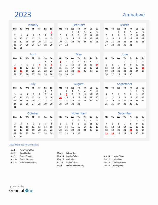 Basic Yearly Calendar with Holidays in Zimbabwe for 2023 