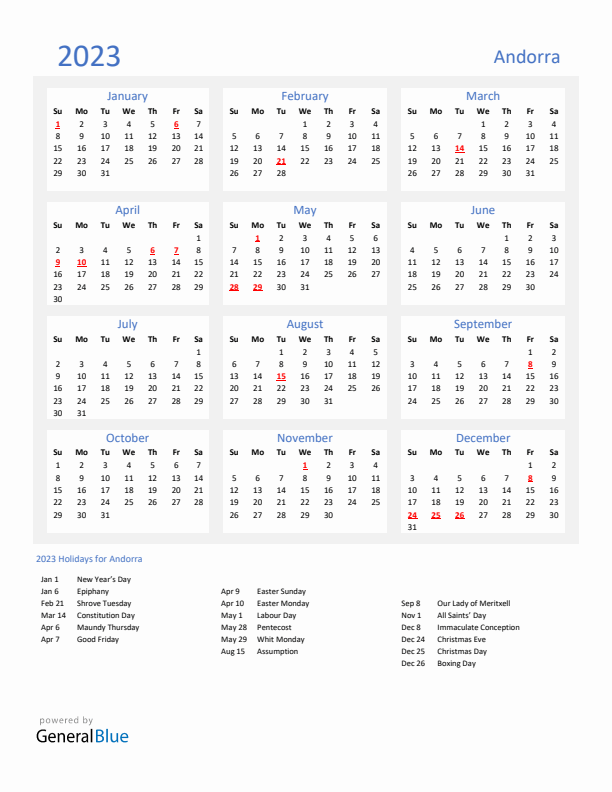 Basic Yearly Calendar with Holidays in Andorra for 2023 